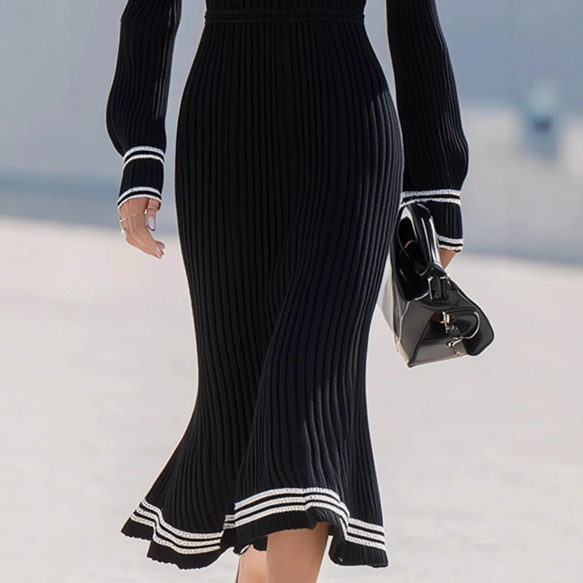 V-Neck Long Sleeve Ribbed Waist-Cinching A-Line Maxi Dress
