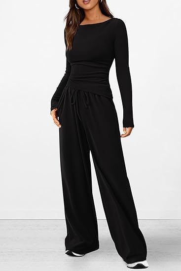Asymmetric Long Sleeve T-Shirt & Wide Leg Pants Set
