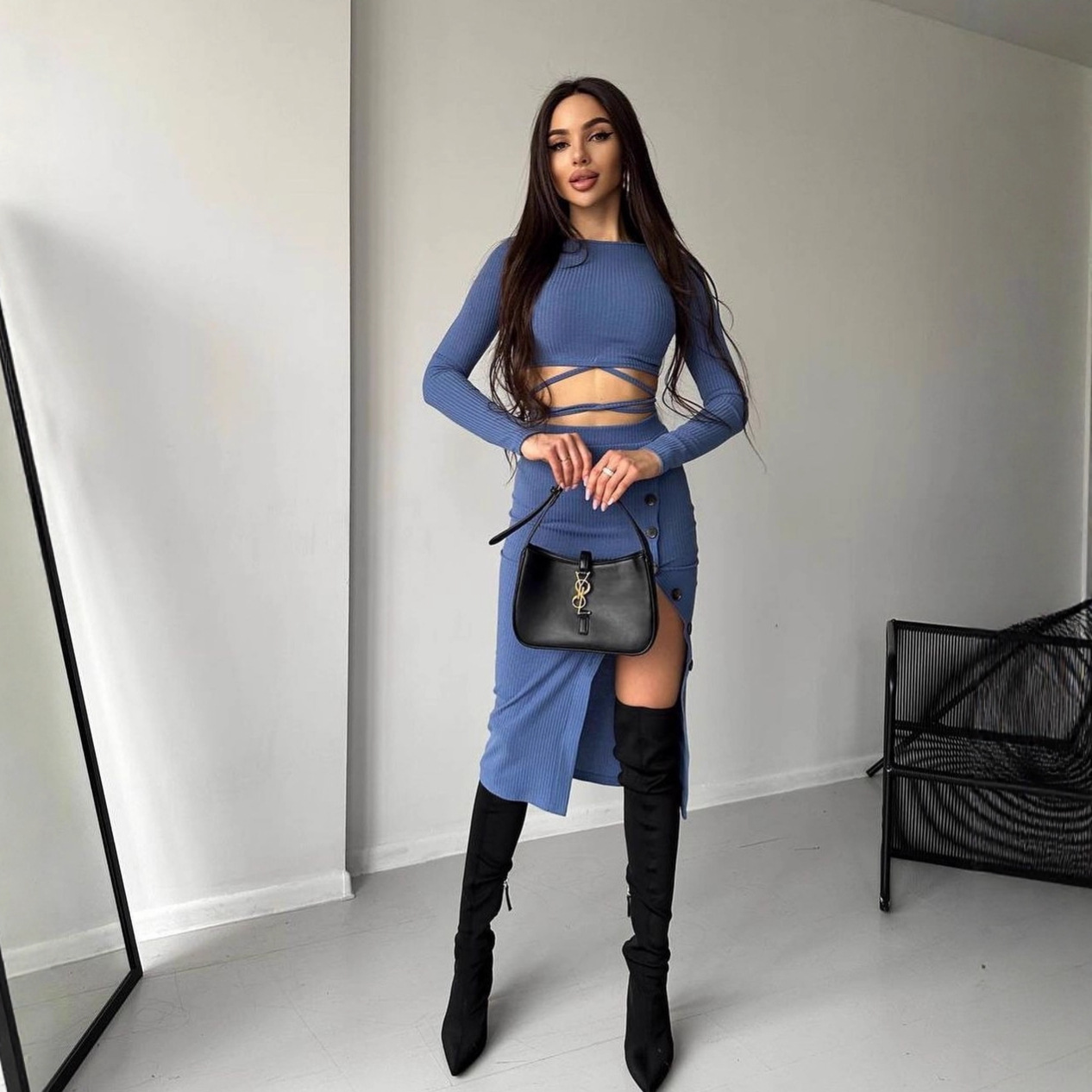 Women's Cropped Knit Two-Piece Dress Set with Slit Bodycon Midi Skirt