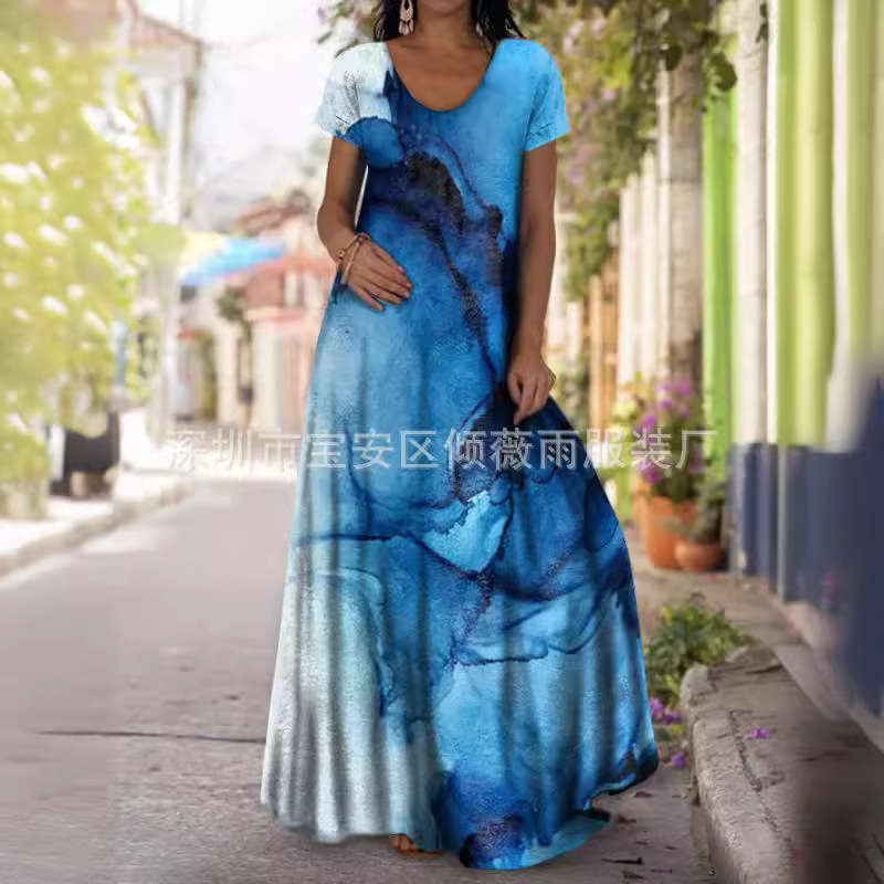 Women's Digital Print Casual Dress with Lantern Sleeves