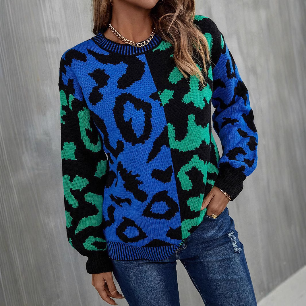Leopard Print Mixed Knit Pullover Sweater