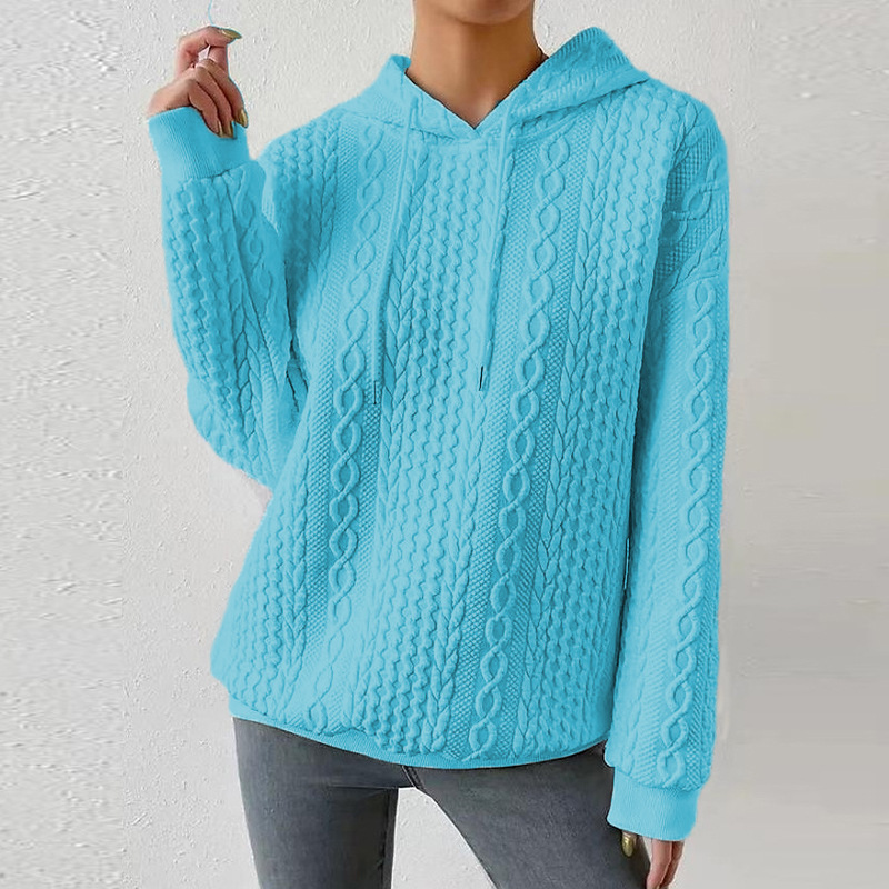 Plus Size Jacquard Hooded Lace-Up Long Sleeve Knit Sweatshirt