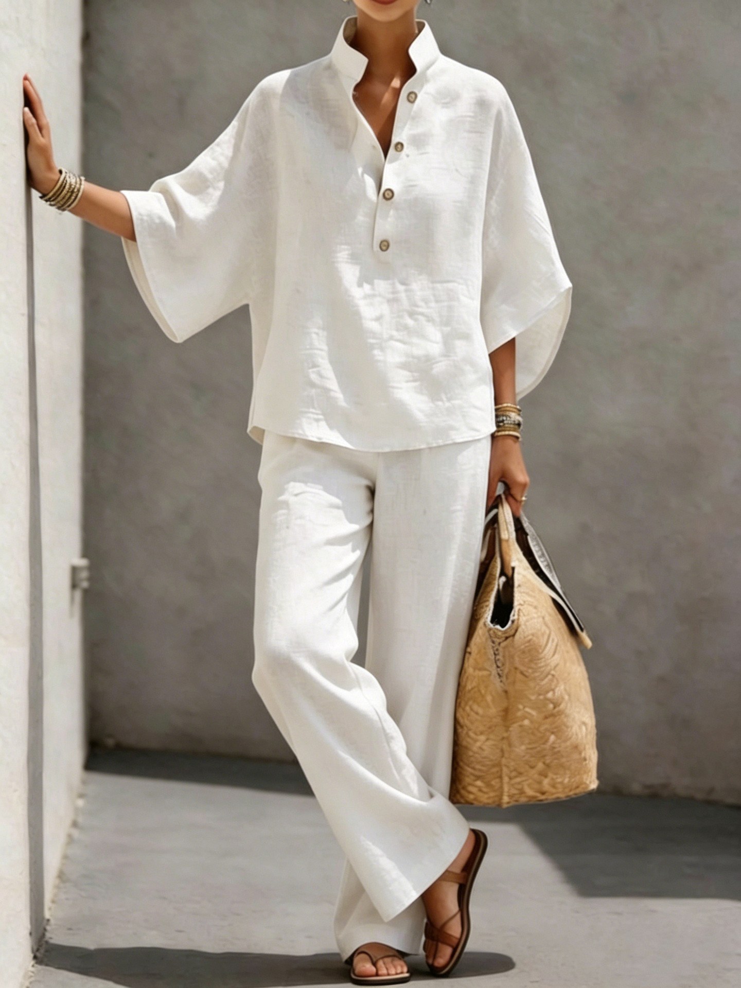 Women's Cotton-Blend Shirt and Pants Two-Piece Set