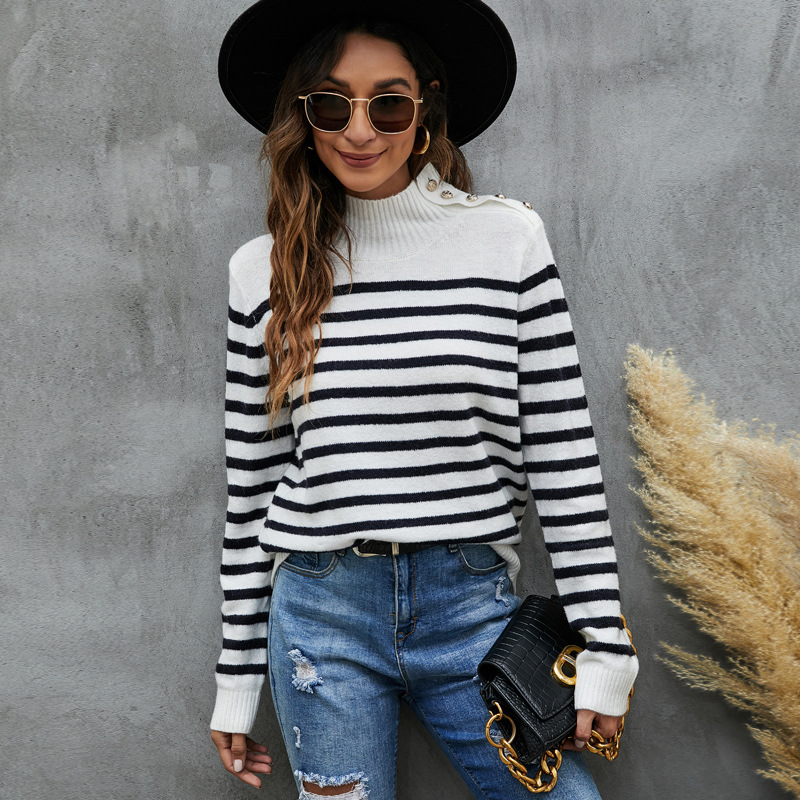 Striped Knit Sweater Loose Fit Long Sleeve Stand Collar Pullover