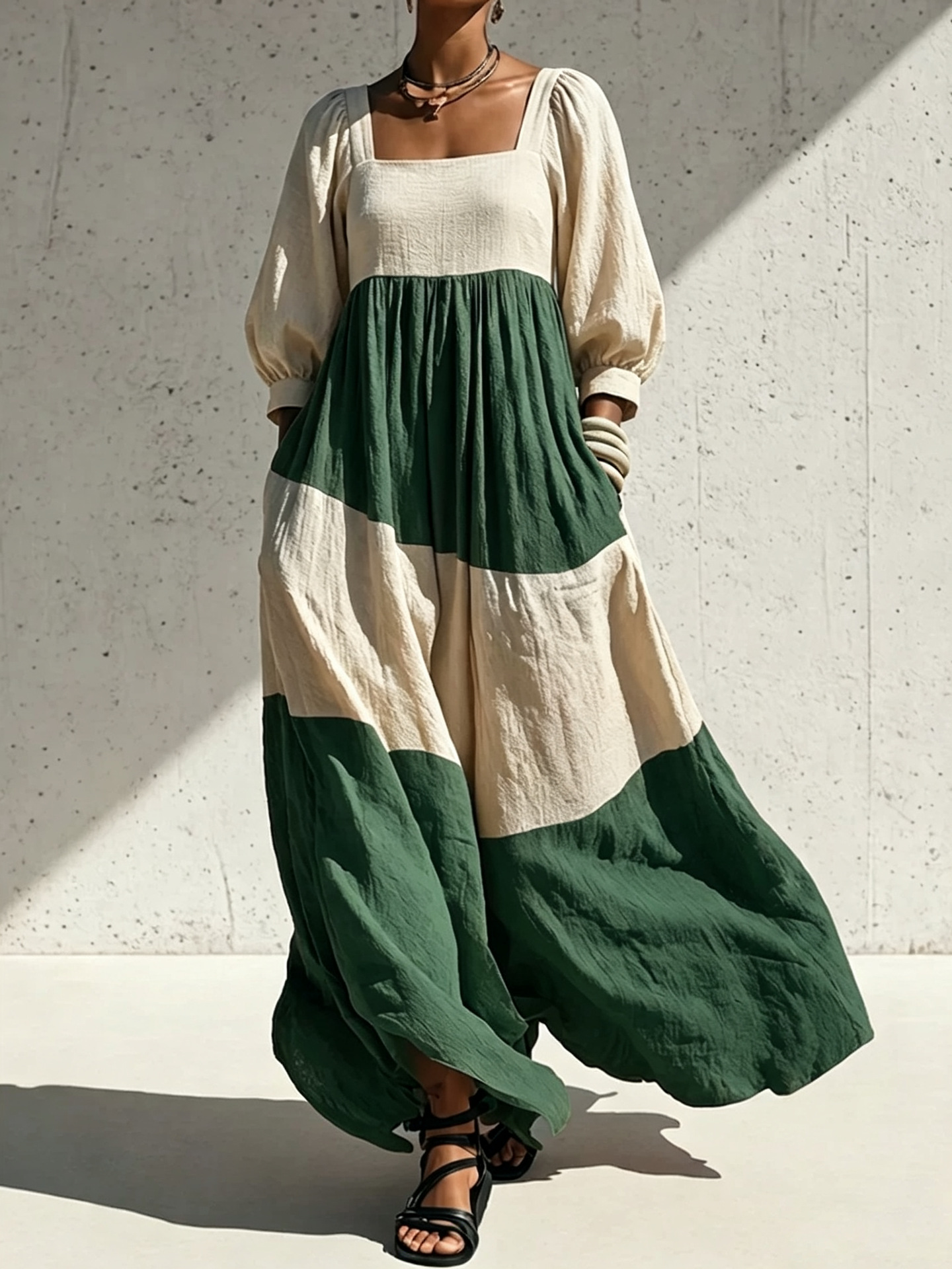 Color-Block Square-Neck Long Sleeve Cotton-Linen Dress