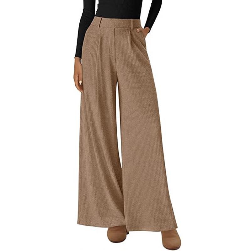 Ribbed Wide-Leg Loose Straight Pants with Elastic Waist