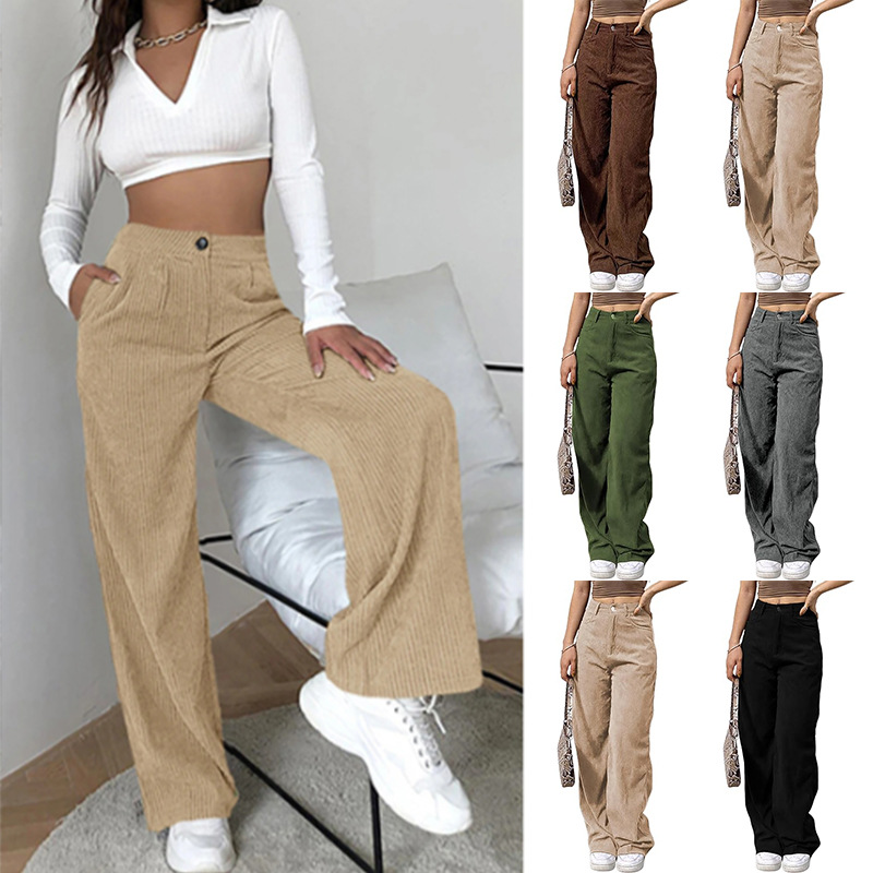 Women's High-Waist Corduroy Wide-Leg Straight Pants Solid Casual