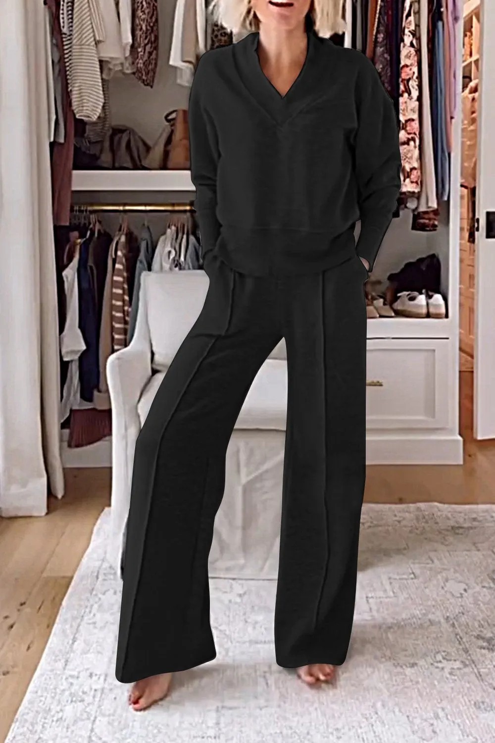 Women's V-Neck Long-Sleeve Loose Top & Wide-Leg Pants Two-Piece Set