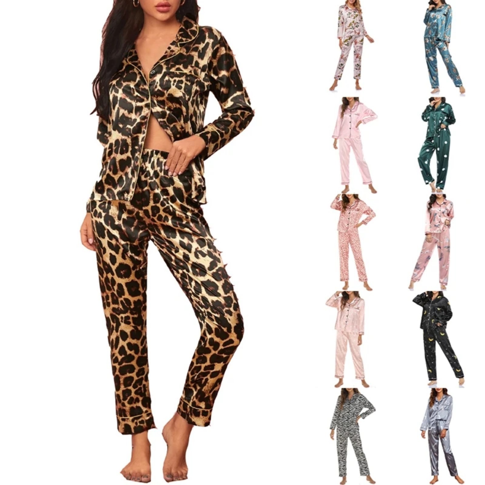 Women's Cuban Collar Polka Dot Leopard Moon Print Long Sleeve Loungewear Set