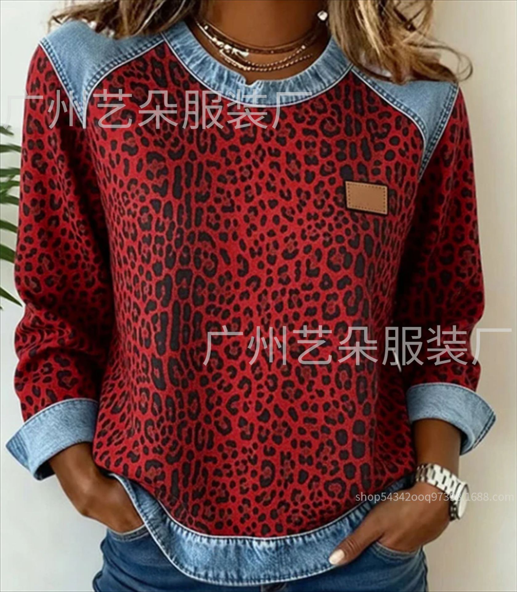 Colorblock Denim Collar Loose Long-Sleeve Hoodie for Women