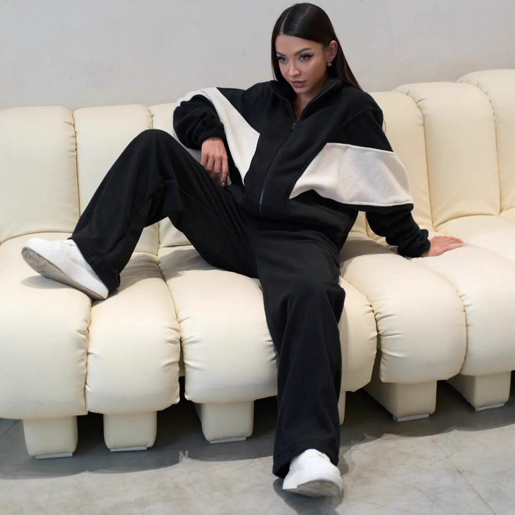 Women's Fleece Colorblock Zip-Up Hoodie and Wide-Leg Pants Set