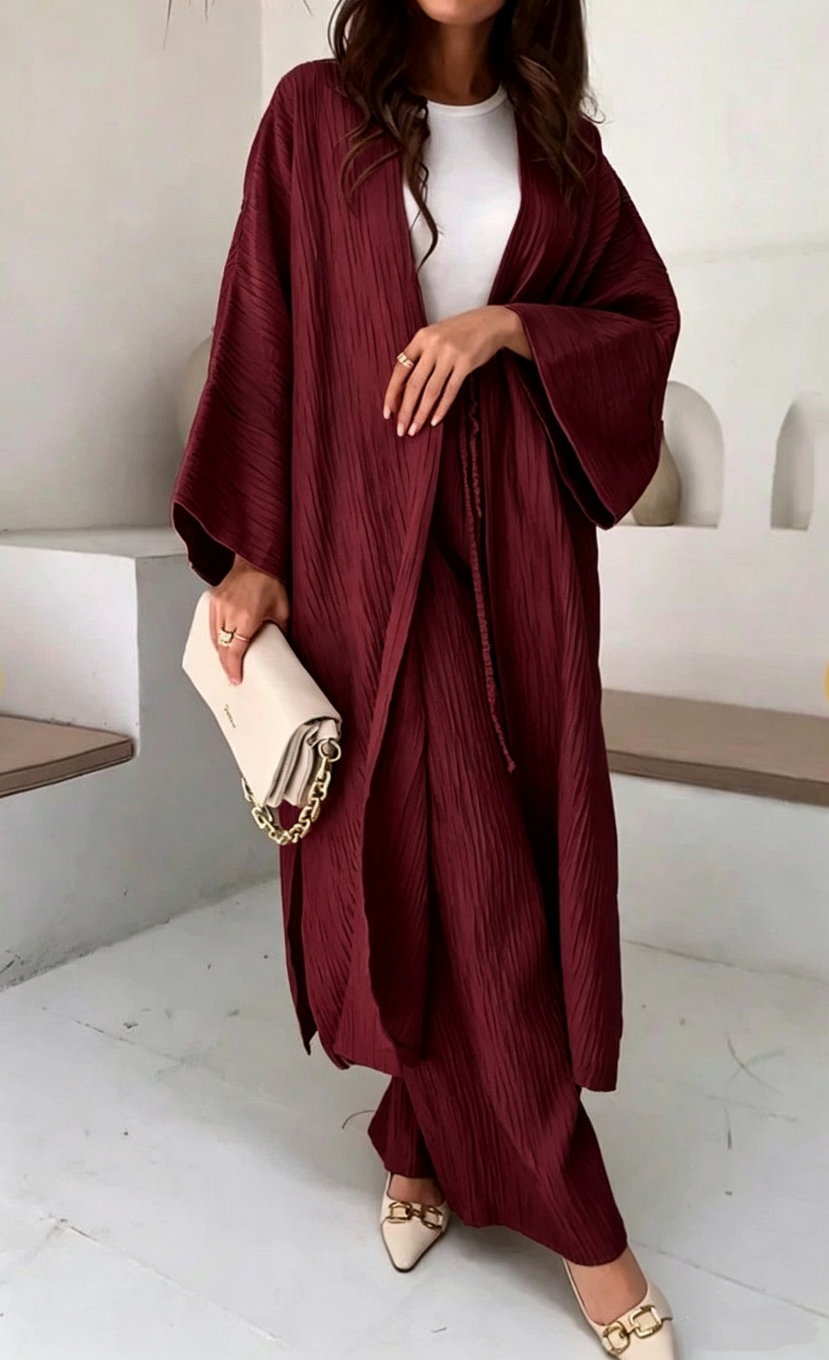 Minimalist Crinkle Textured Two-Piece Set with Long Kimono Sleeve Cardigan and High-Waist Wide-Leg Pants