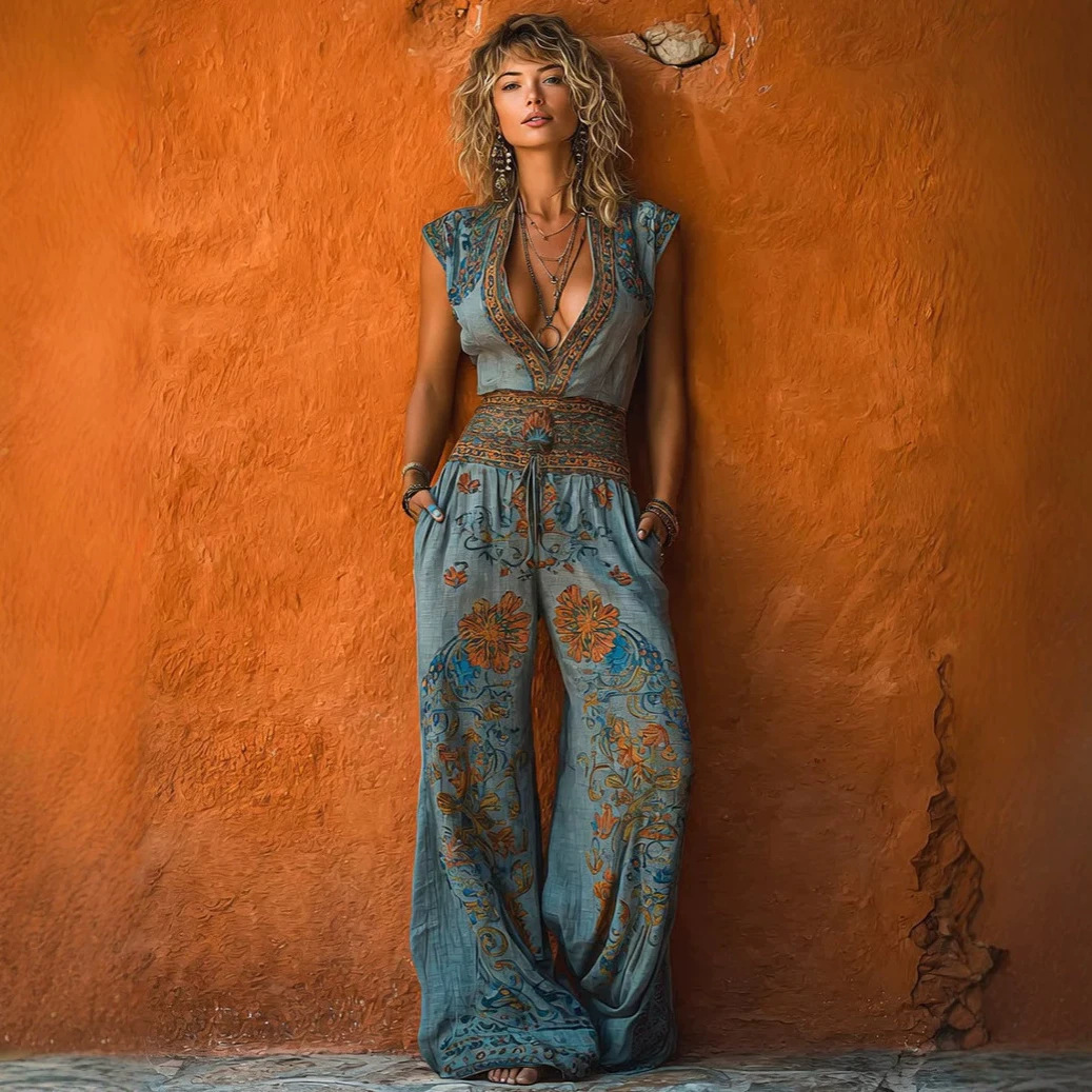 Women's Printed Sleeveless Wide-Leg Jumpsuit