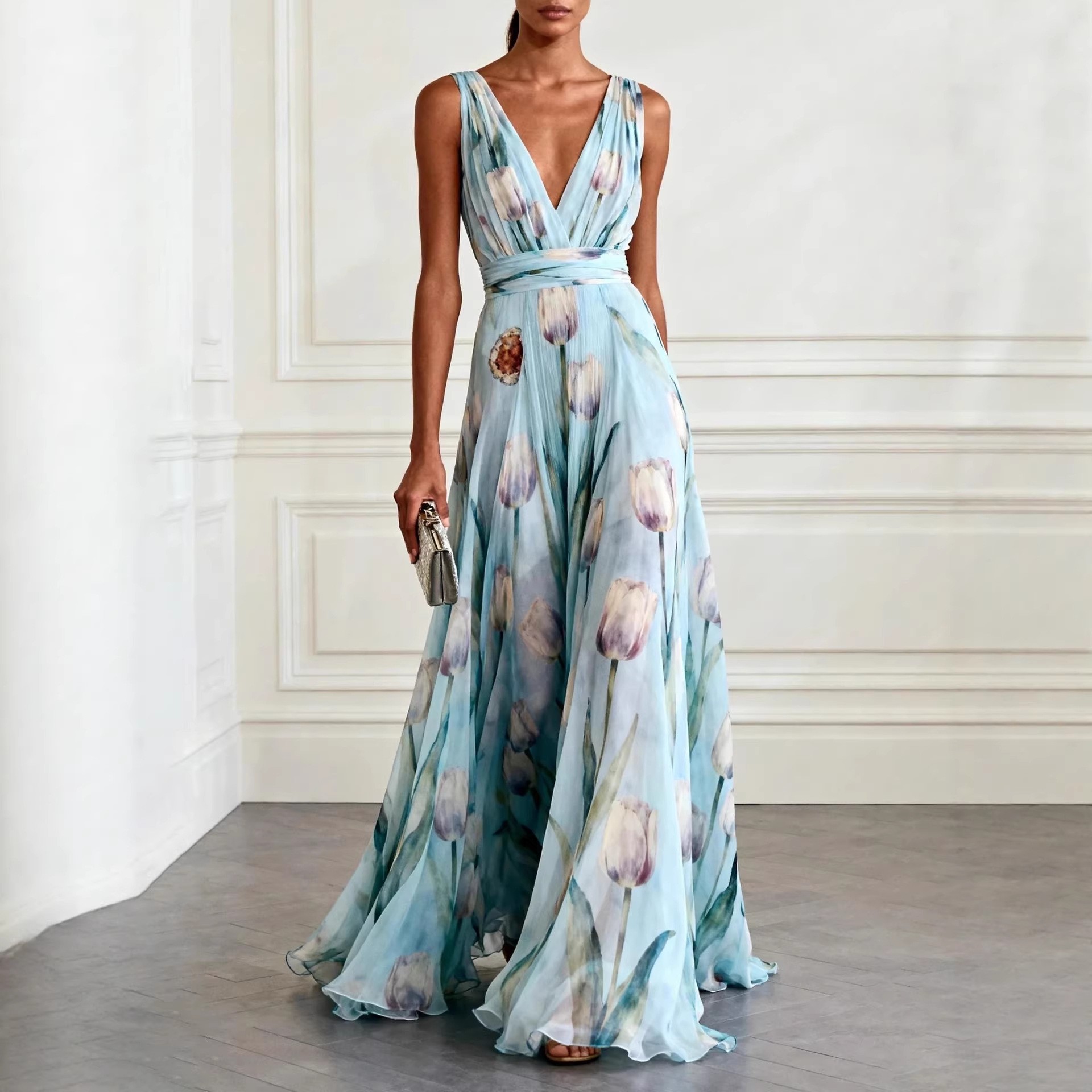 Blue Tulip Print Sleeveless V-Neck Chiffon Maxi Dress
