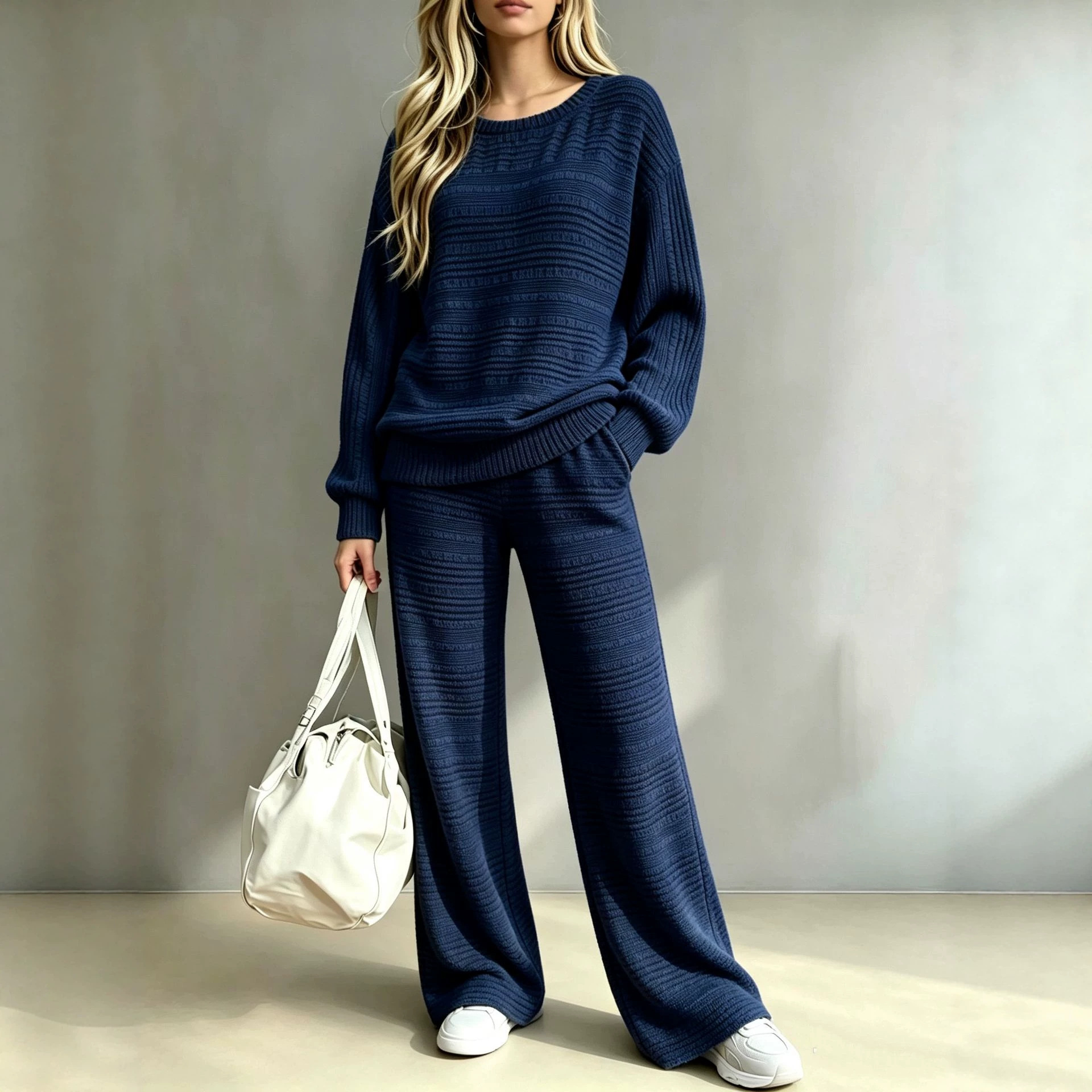Ribbed Knit Two-Piece Set Long Sleeve Top & Wide-Leg Pants