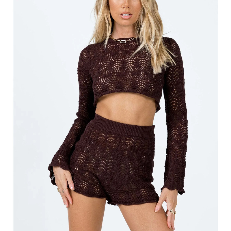Women's Open-Knit Shorts Set with Long-Sleeve Crop Sweater