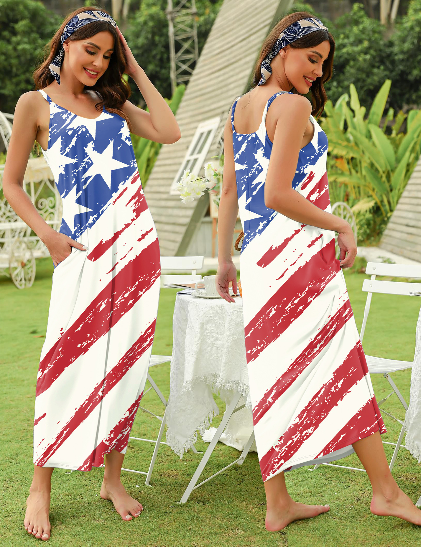 Flag Print Sleeveless A-Line Midi Dress with Pockets