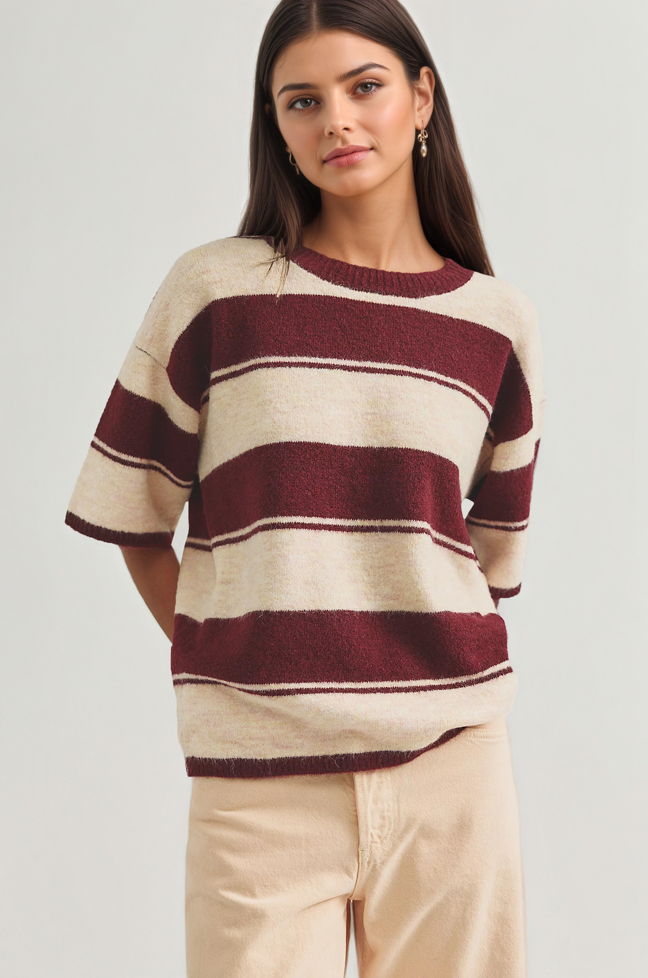 Striped Crewneck Knit Sweater Loose Fit Colorblock Pullover