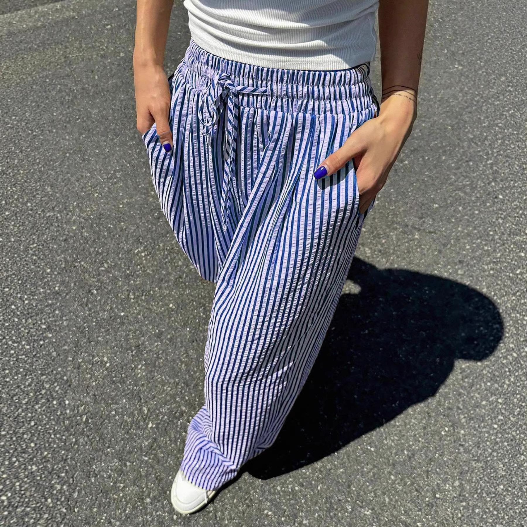 Striped Wide-Leg Drawstring Pocket Casual Straight Pants for Women