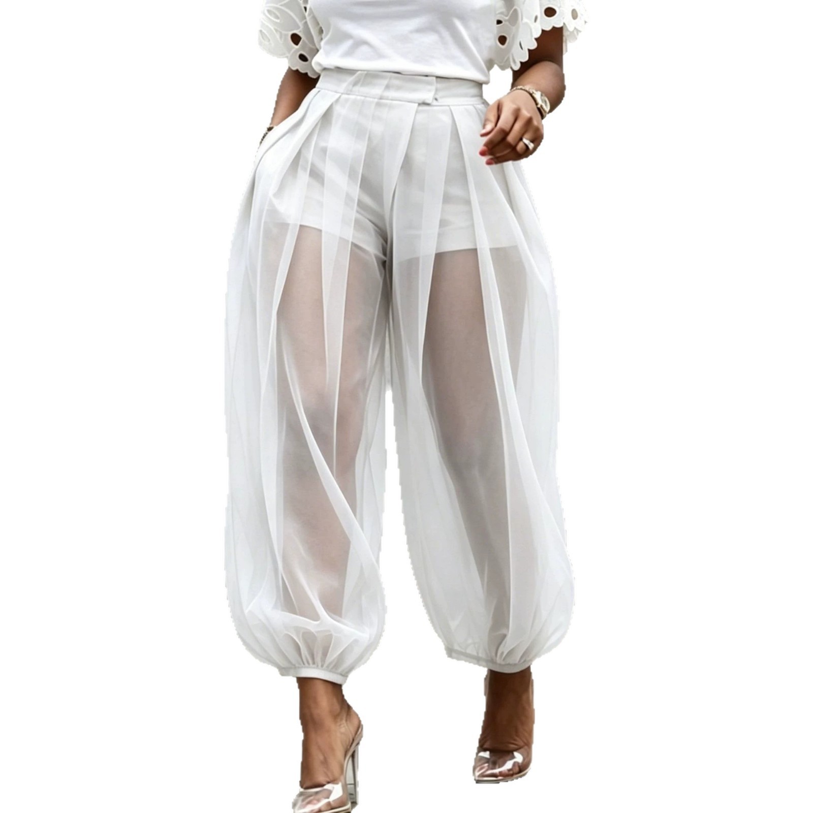 Sheer Mesh Solid Color Loose Lantern Pants