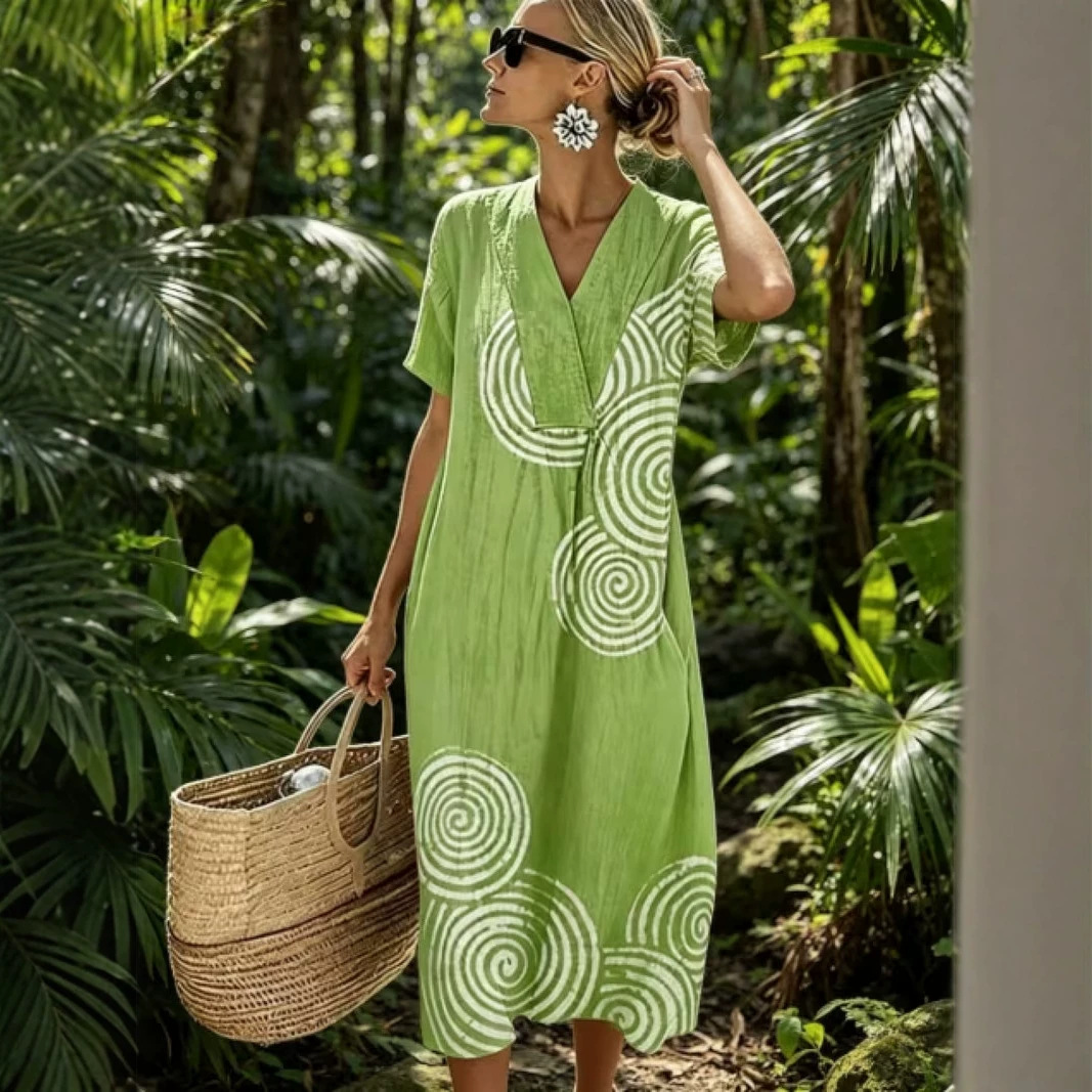 Women's Vintage Polka Dot Floral Midi Dress with Pleated Details