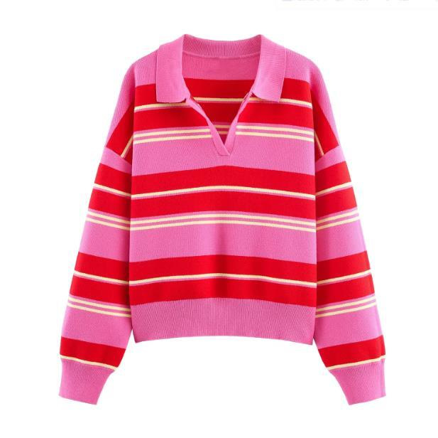Women's Casual Loose Striped Polo Shirt Long Sleeve