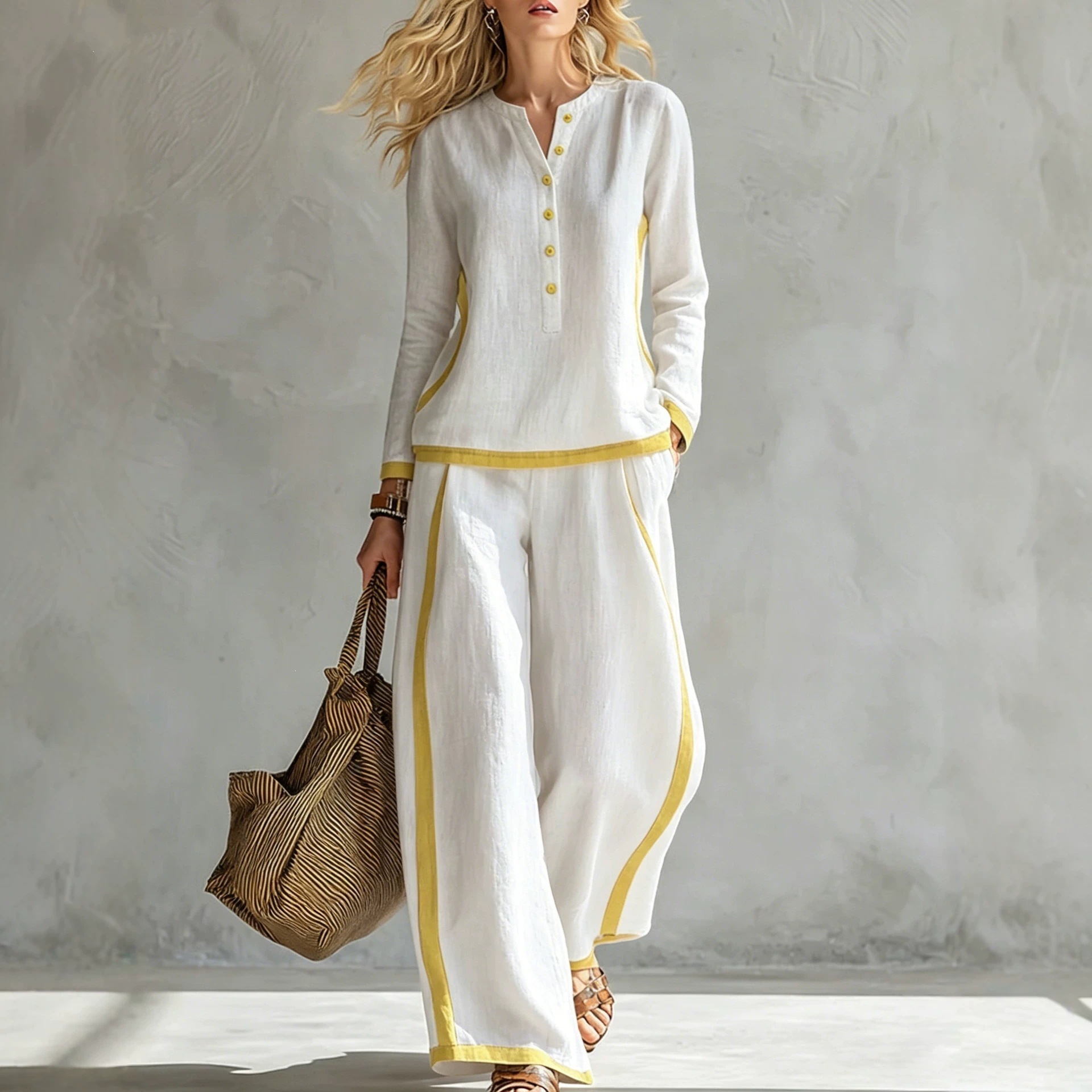 Women's Color-Block Cotton-Linen Two-Piece Set Button-Front Stand Collar Long Sleeve Top & Side-Striped