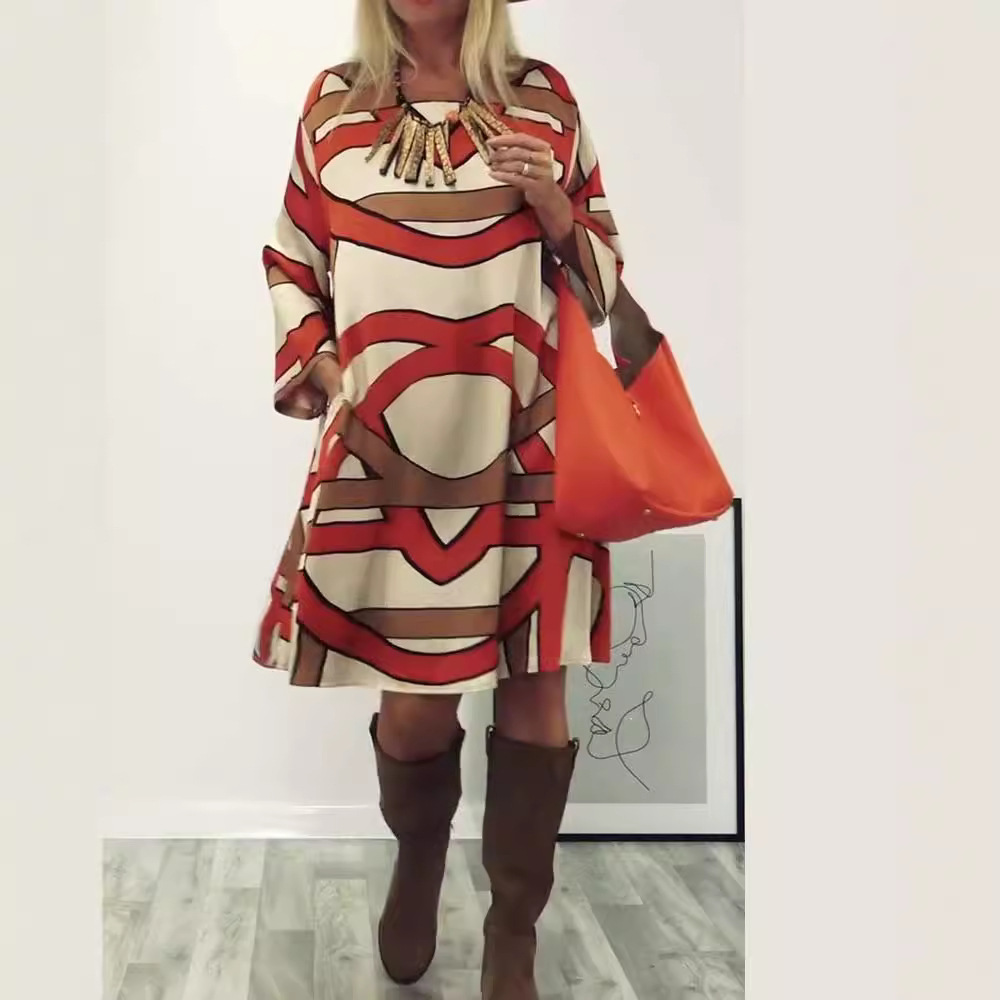 Women's Round Neck Long Sleeve Printed Midi Dress