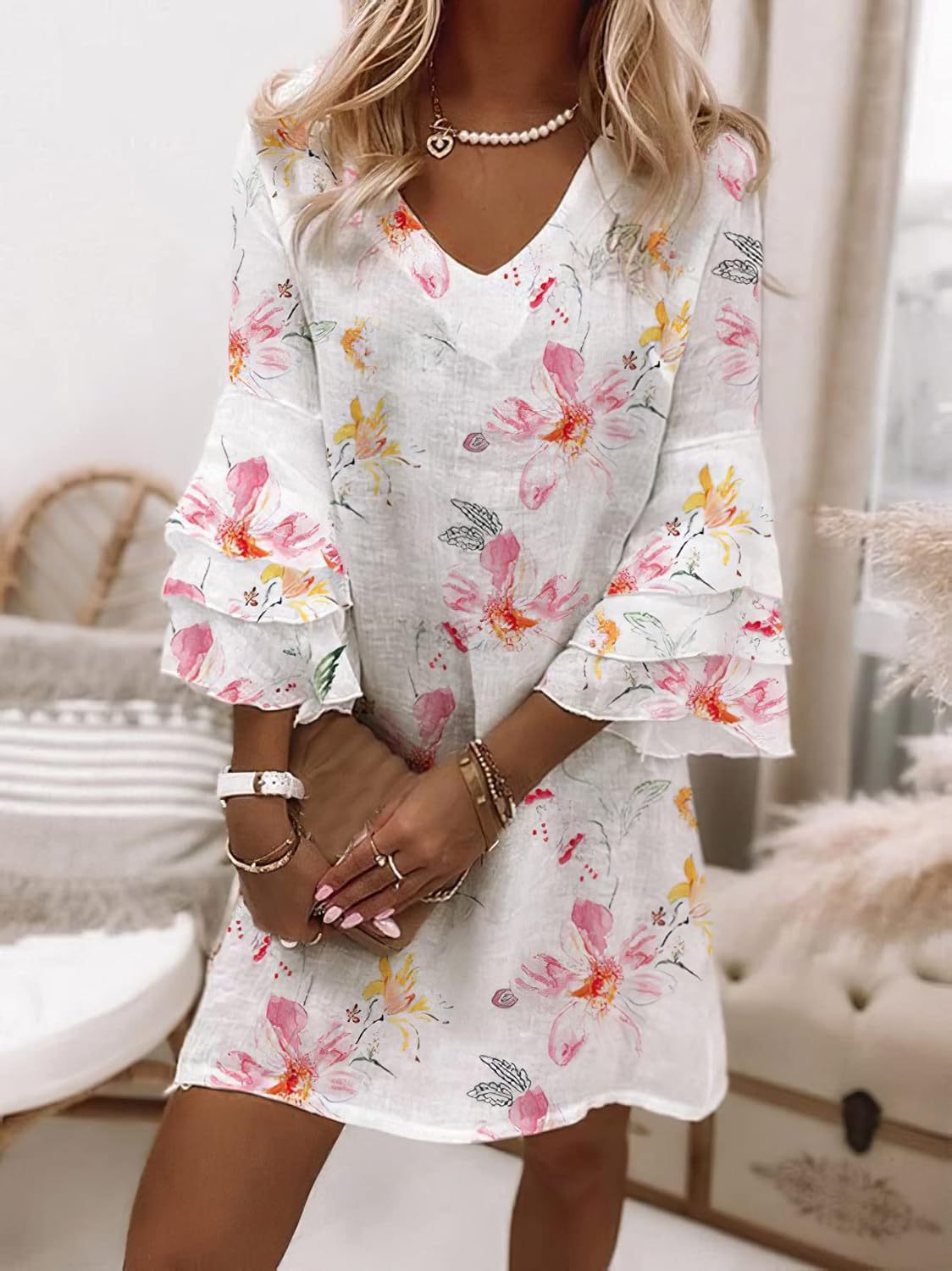 Women's Boho Floral Print Ruched Midi Dress