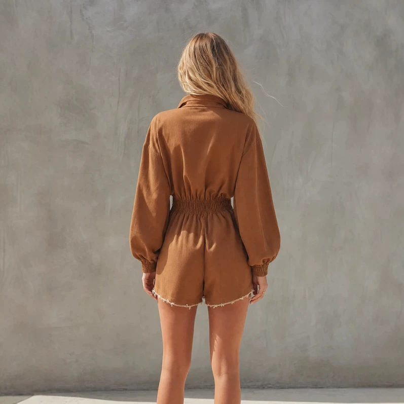 Retro Cargo Stand Collar Zip Bubble Sleeve Distressed Jumpsuit