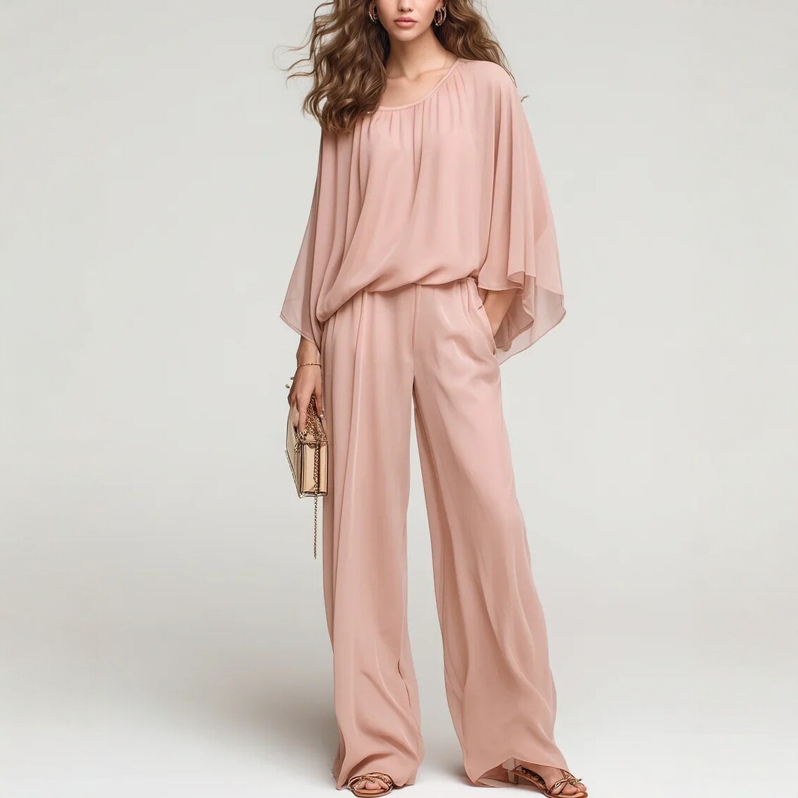 Women's Casual Wide-Leg Two-Piece Set with Batwing Sleeve Tee