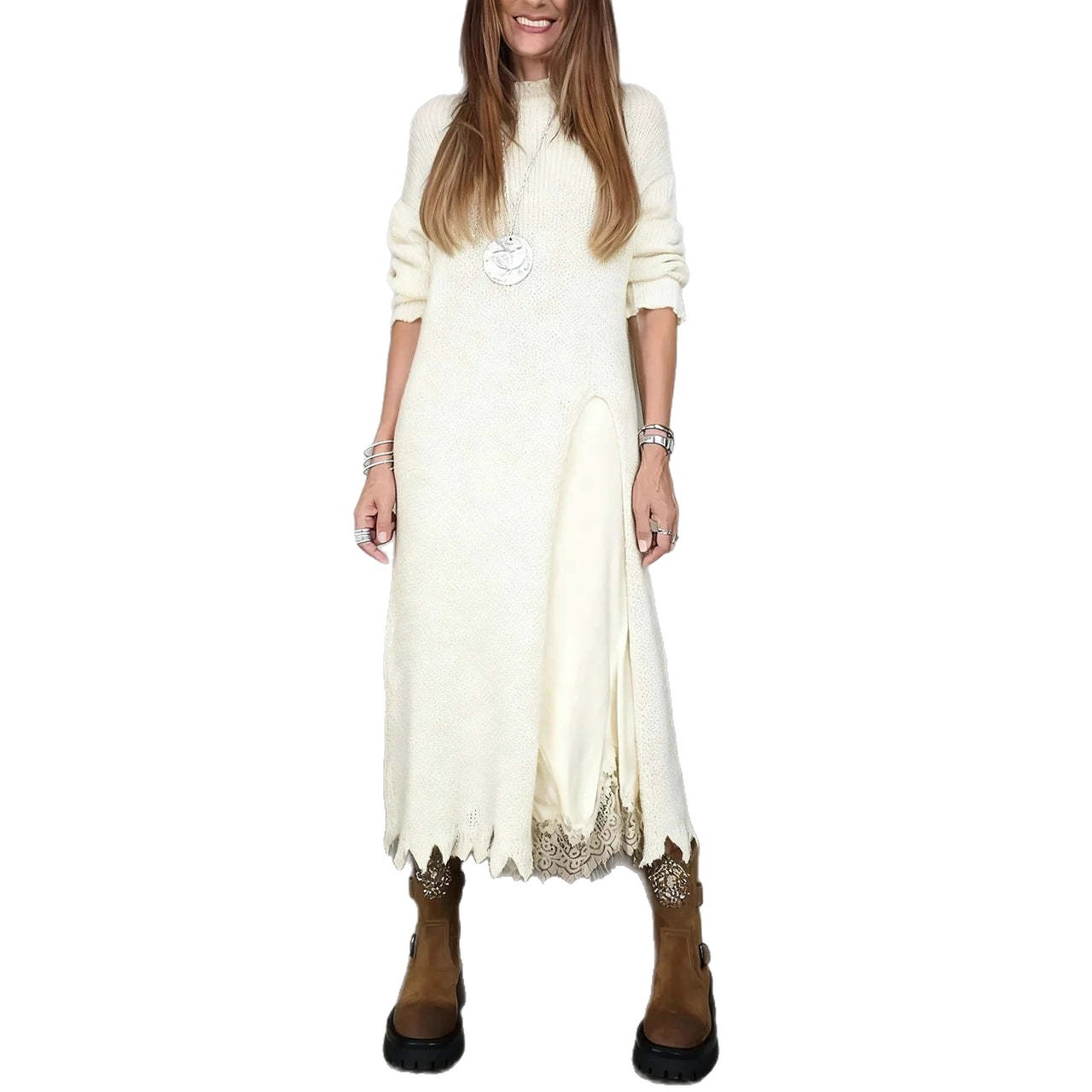 Lace Cami Slit Sweater Dress Two-Piece Set