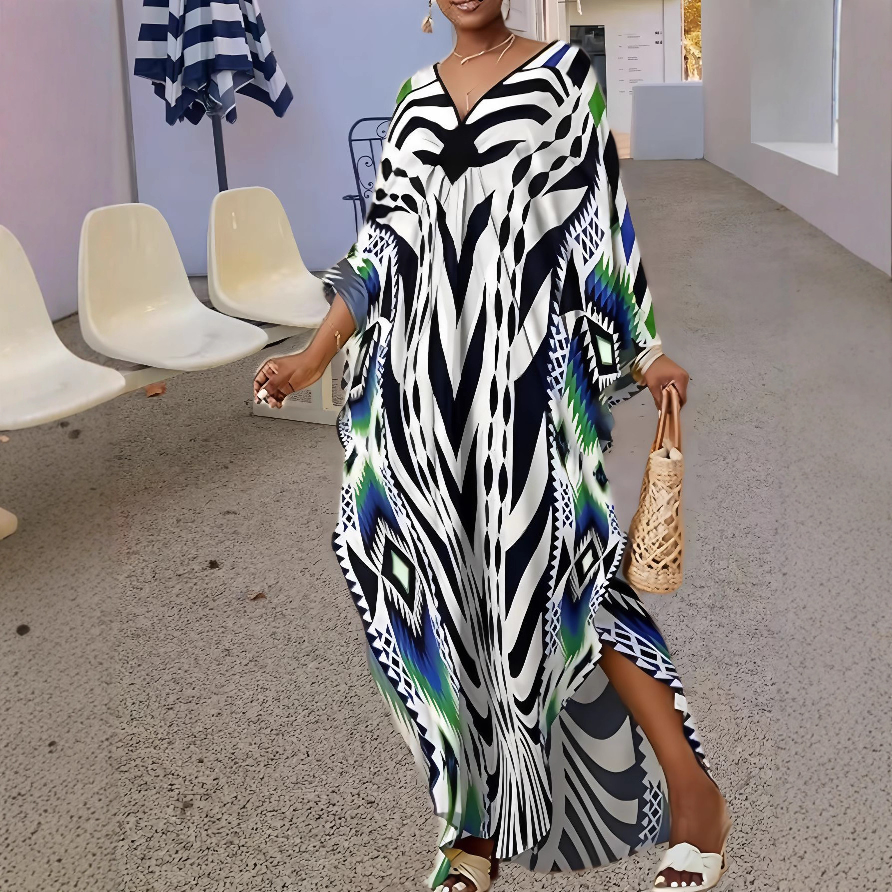Women's Loose V-Neck Printed Long Sleeve Maxi Robe