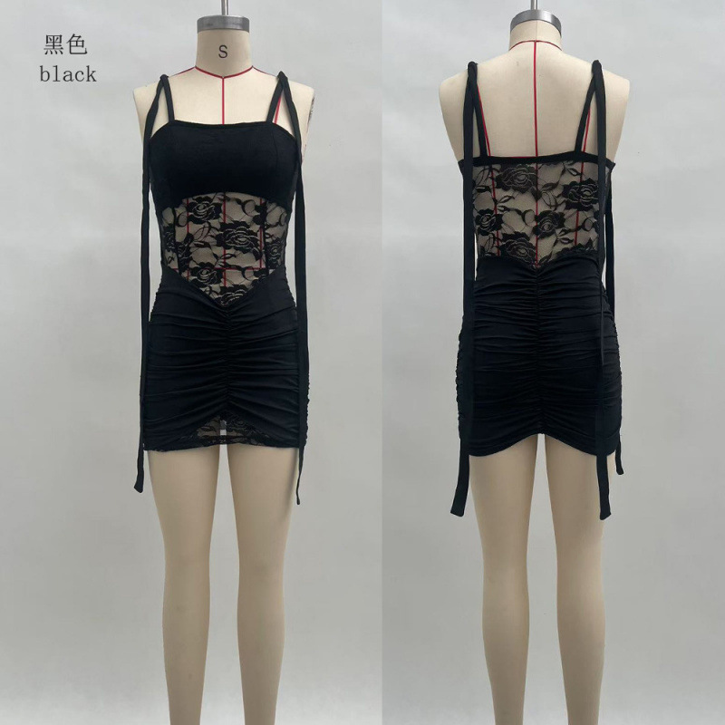 Women's Sheer Lace Panel Tie Ruched Bodycon Dress