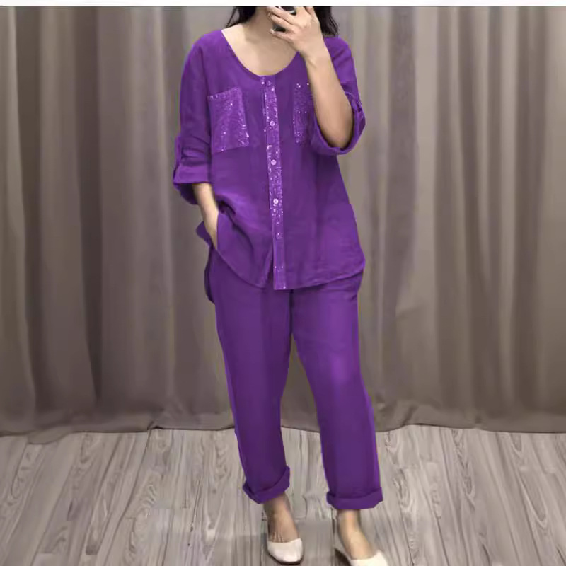 Women's Casual Two-Piece Set with Pockets, Button Placket, and Gold Accents, Round Neck
