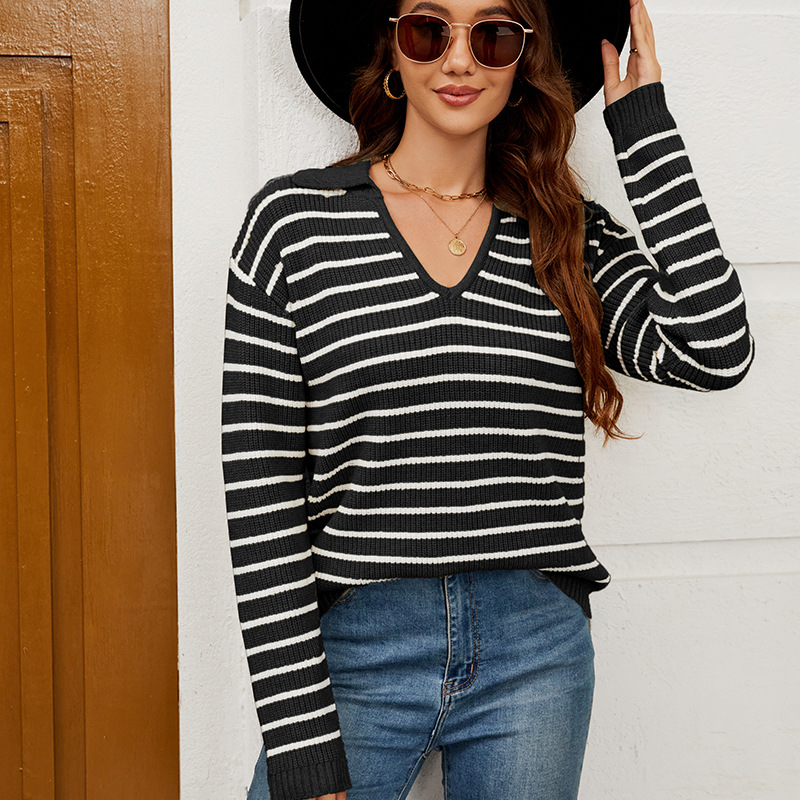 Striped Sweater Women's Loose Long Sleeve Pullover Knit Top