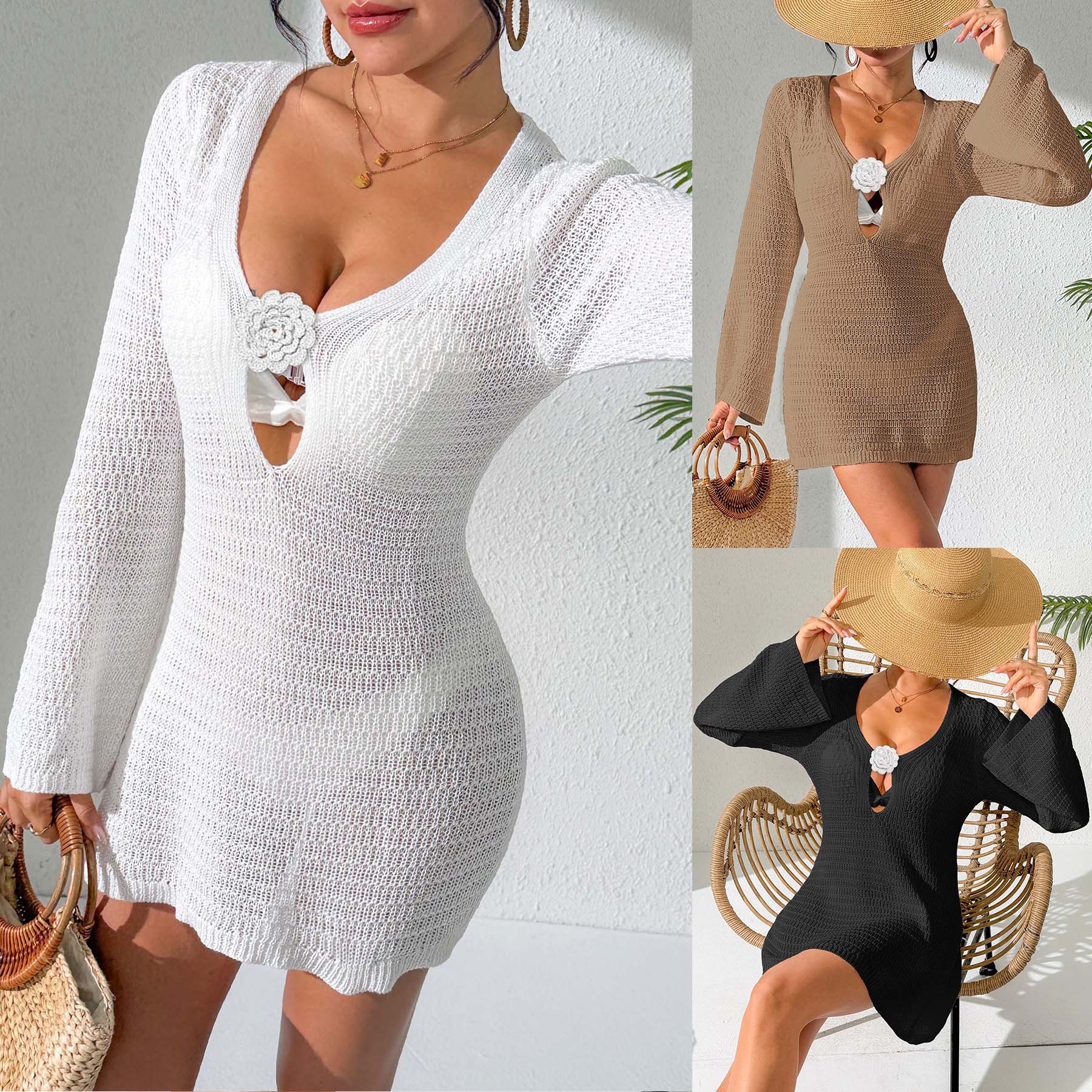 Sexy Deep V Cutout Bell Sleeve Beach Cover-Up Dress with Crochet Floral Detail