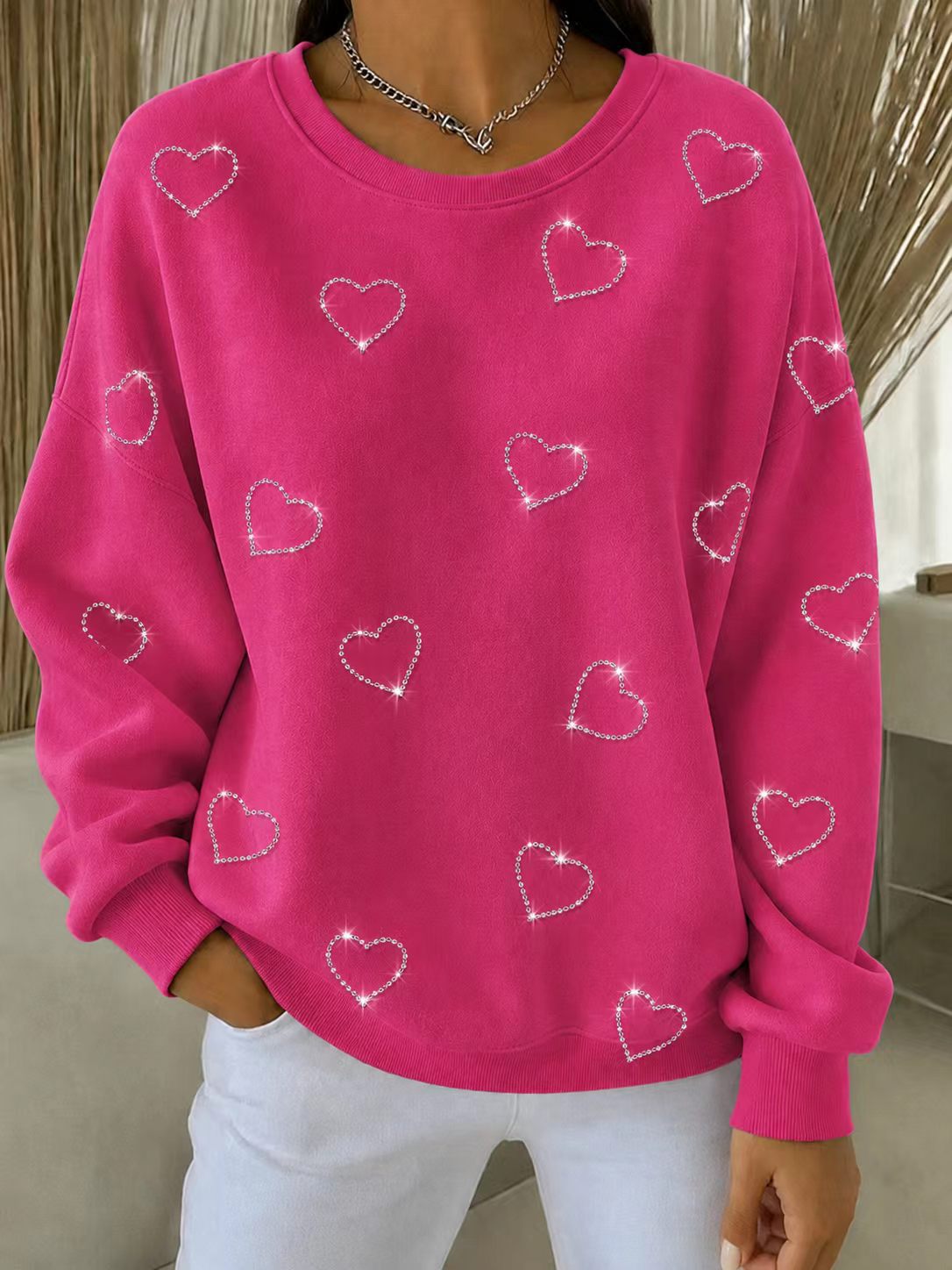 Elegant Heart Print Crewneck Long-Sleeve Pullover Sweatshirt