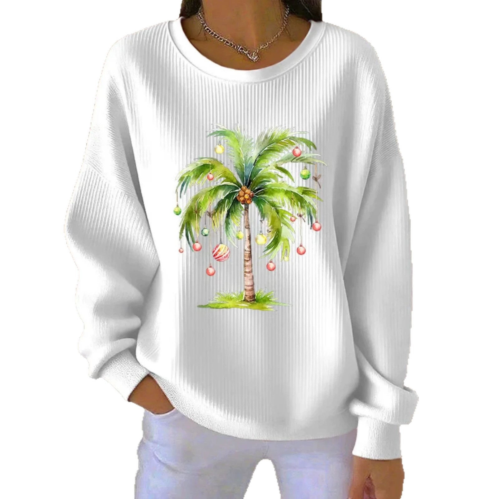 Coconut Tree Fruit Print Crewneck Long Sleeve Pullover Sweatshirt