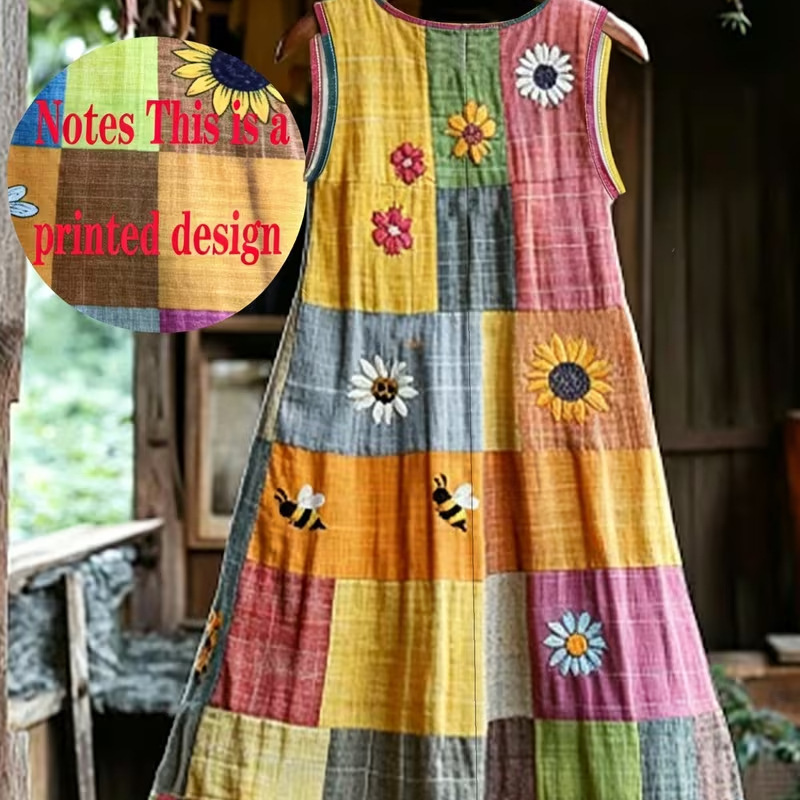 Women's Vintage Floral Plaid Sleeveless Midi Dress