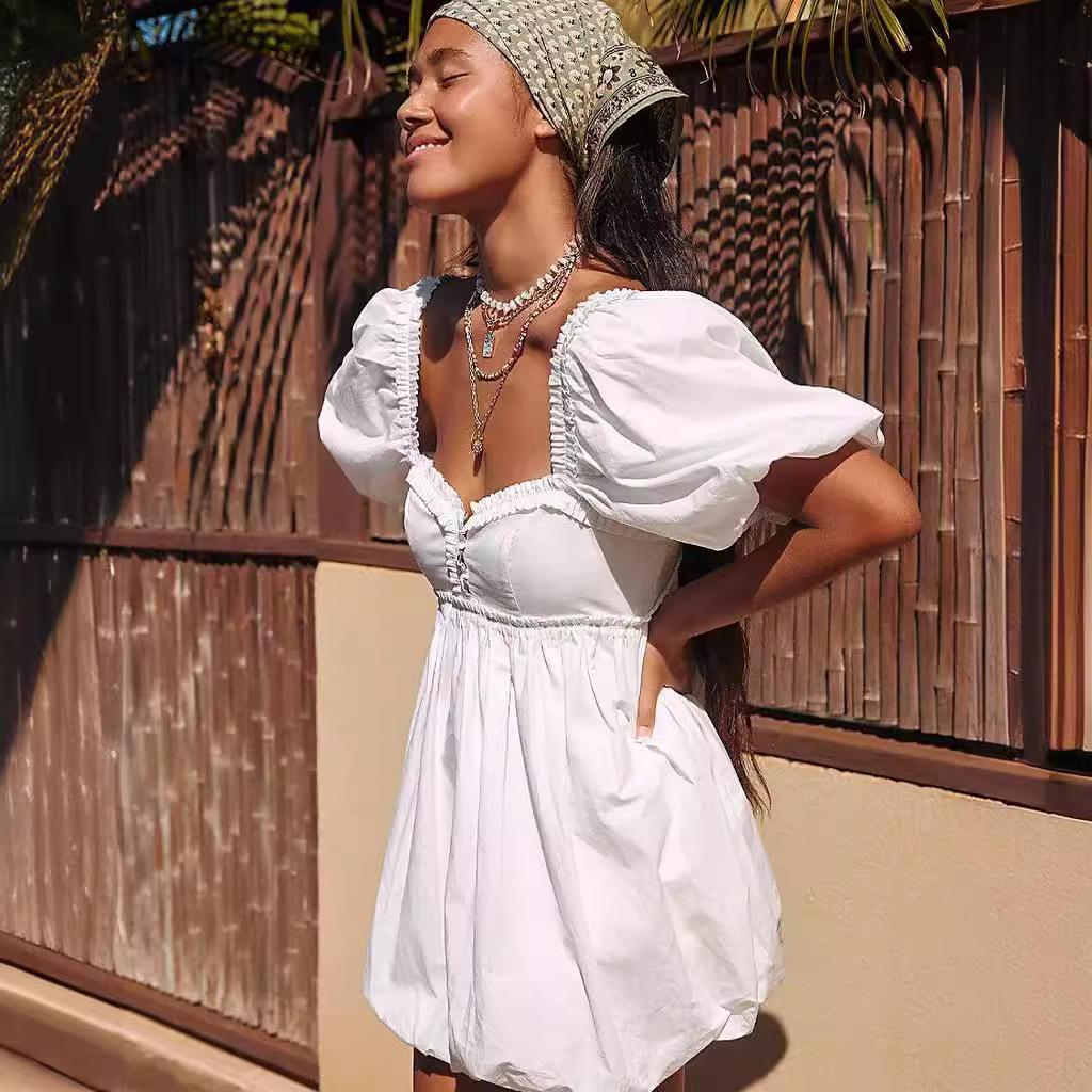 Women's Short Sleeve Square Neck Solid Color Dress