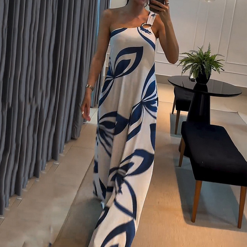 Women's Digital Print Asymmetric Neck Loose Cami Dress
