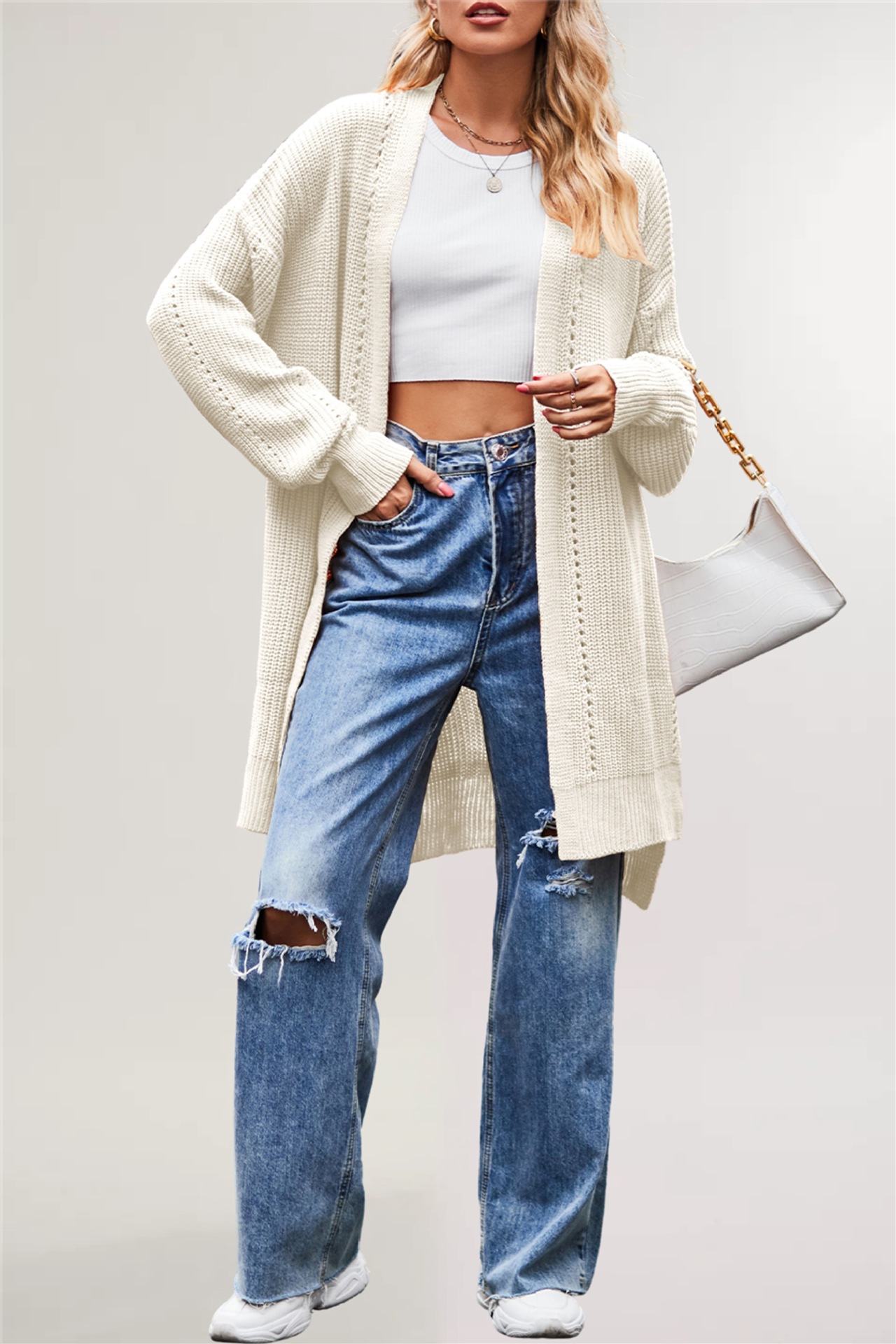 Women's Solid Color Loose Knit Cardigan with Pockets