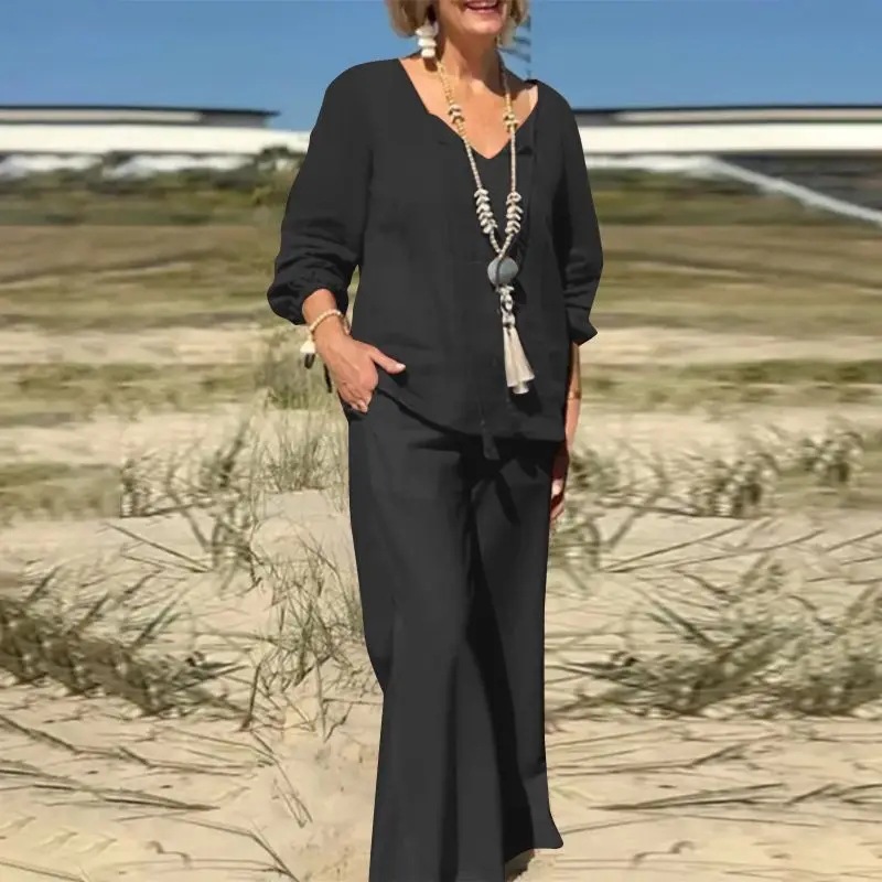 Women's Cotton-Linen Two-Piece Set Solid Color Loose Casual Long Pants