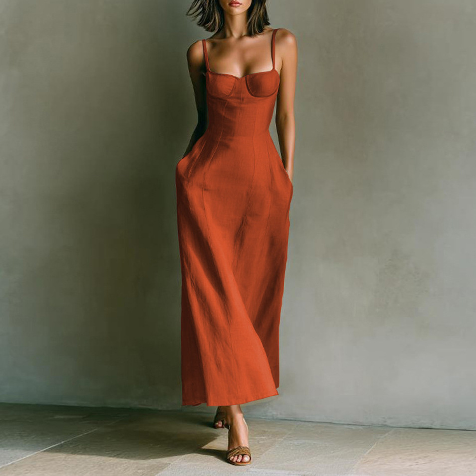 Women's French Waist-Cinched Sleeveless Midi Dress Solid Color