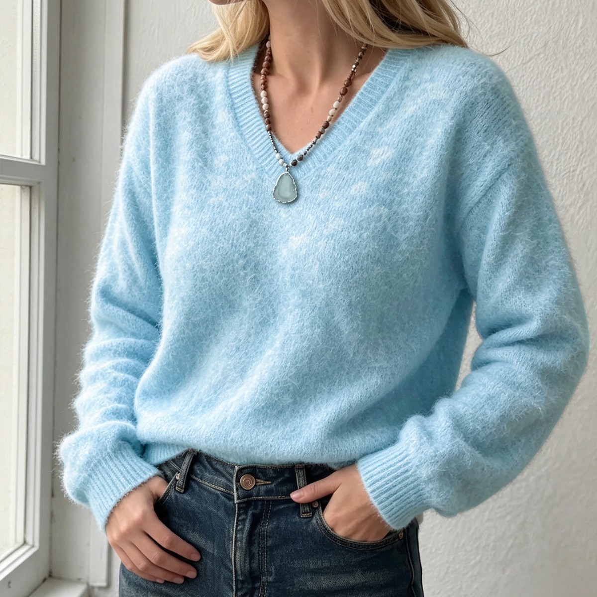 Women's V-Neck Wool Blend Knit Sweater Soft Solid Color Pullover