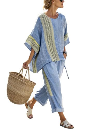 Bohemian Print Women's Two-Piece Set with Crew Neck, Three-Quarter Sleeves, and Cropped Pants