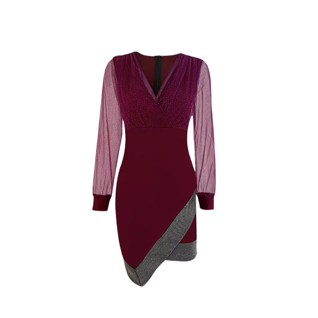 Mesh Sequin V-Neck Long Sleeve Bodycon Dress