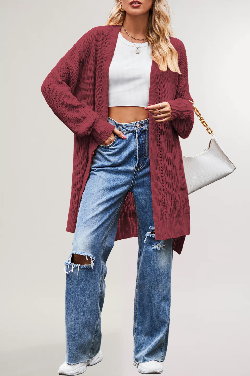 Women's Solid Color Loose Knit Cardigan with Pockets