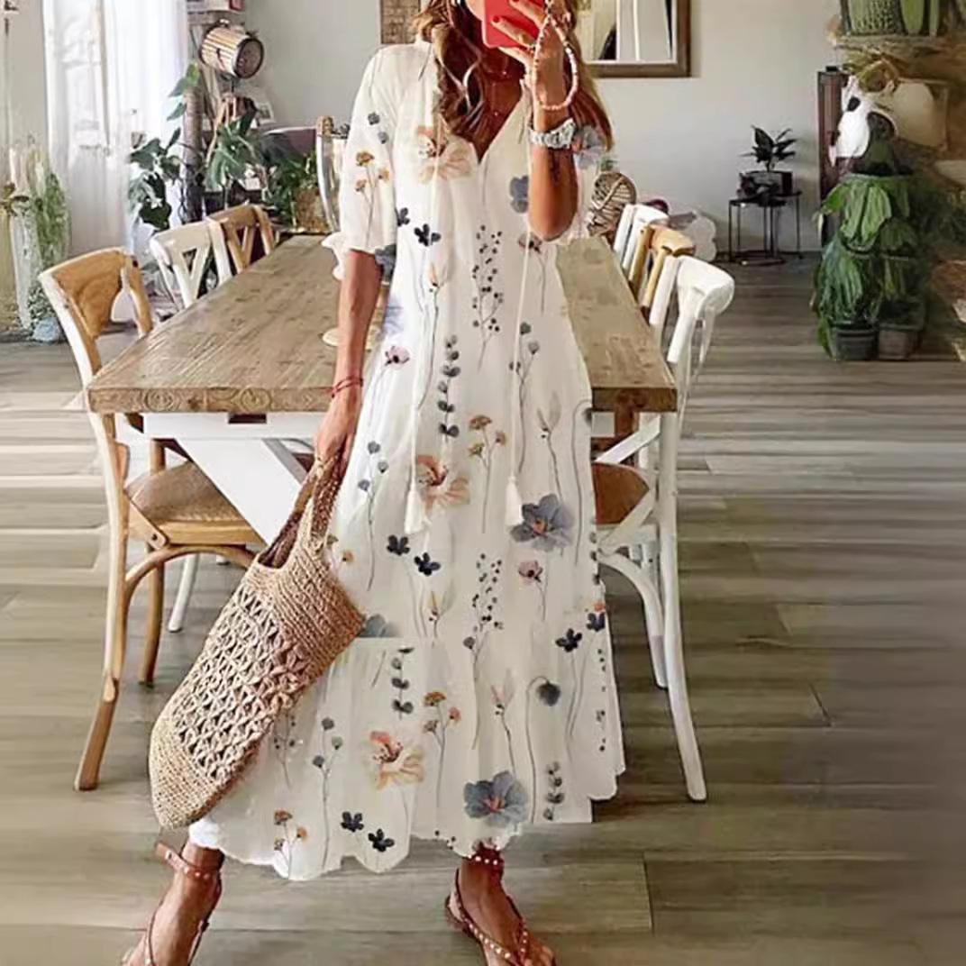 V-Neck Floral Print Midi Sleeve Long Dress with Tassels